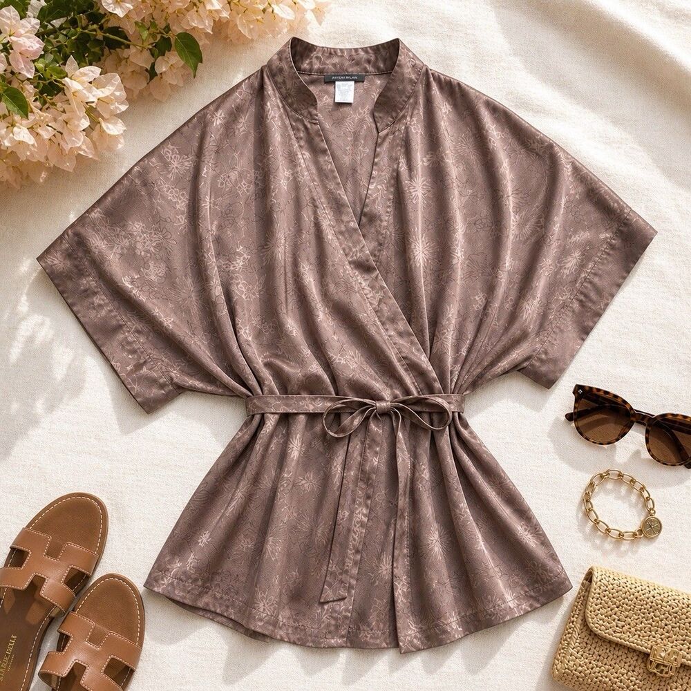 References Silk Wrap Blouse Robe Kimono Tunic Belted Taupe Boho Luxury Top